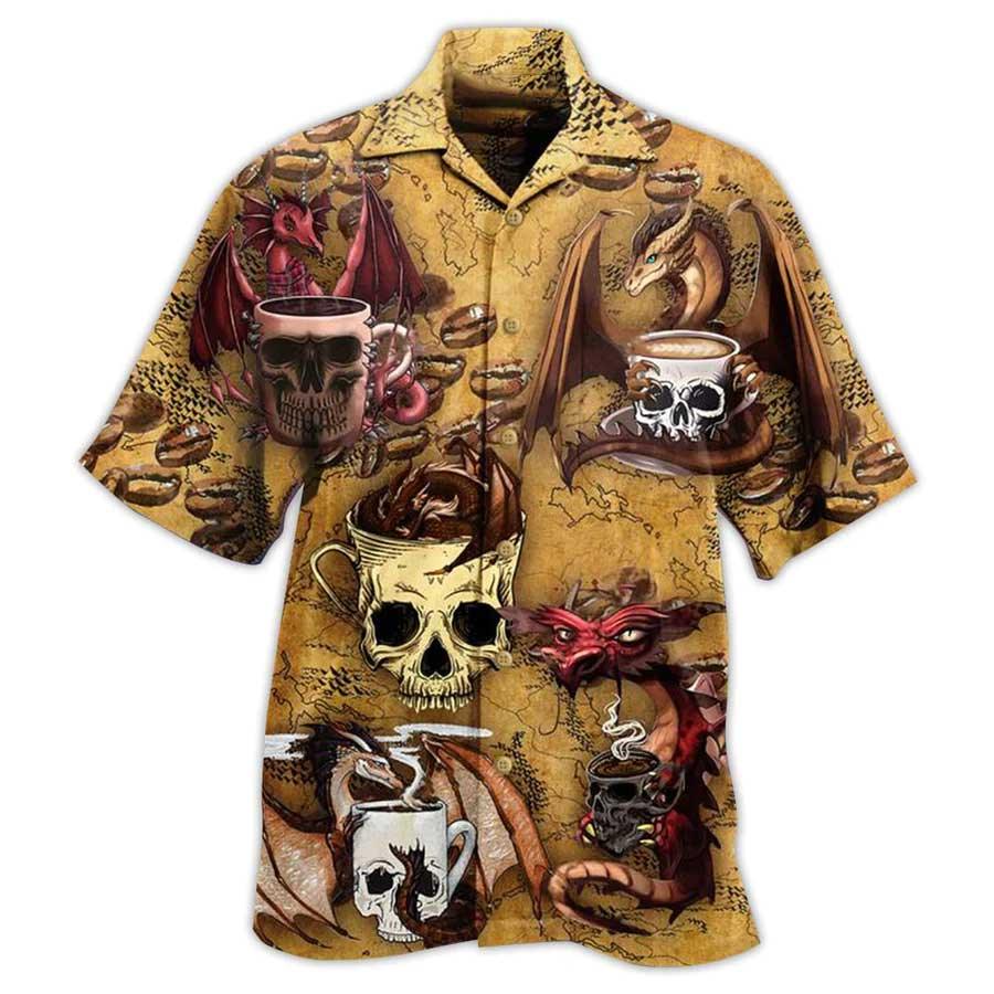Dragon Vintage Aloha Hawaiian Shirt For Summer, Dragon Love Coffee And Skull Hawaiian Shirts Outfit For Men Women, Dragon Lovers - Amzanimalsgift