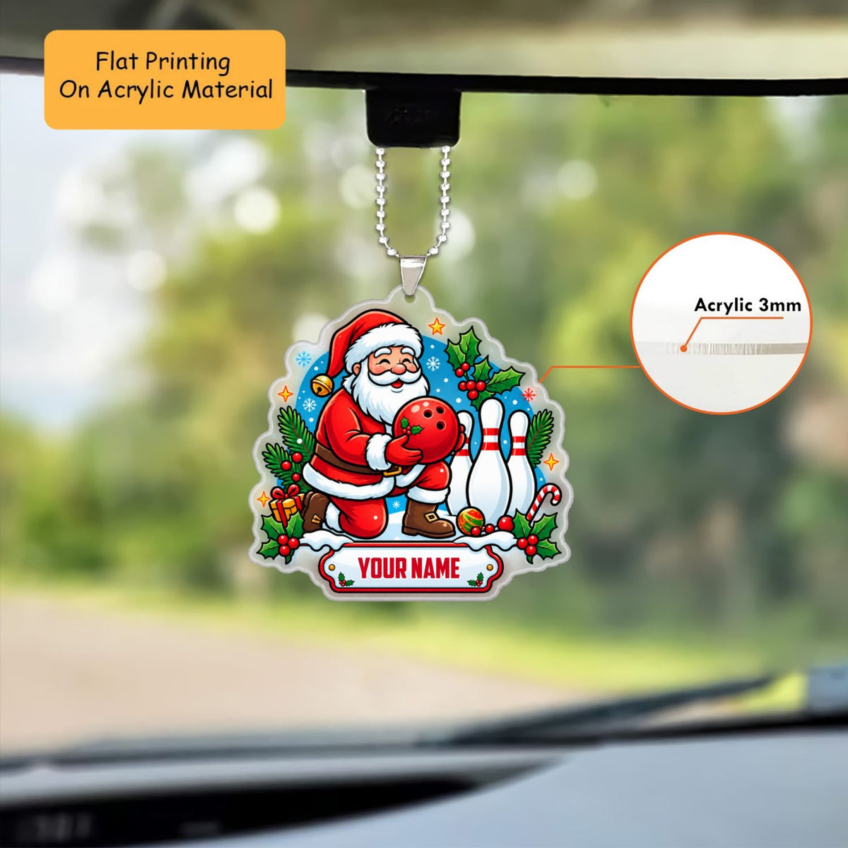 Personalized Bowling Christmas Ornament, Kneeling Santa Bowling Ball, Custom Ornament Christmas Gift, Keychain Bowling, Car Ornament Bowling