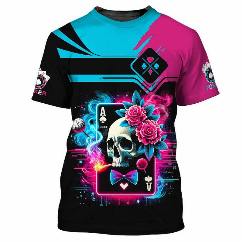 Customized Poker Shirt, Neon Skull Ace Card With Roses & Bright Pink-Blue Shirts, Perfect Outfit For Poker Players
