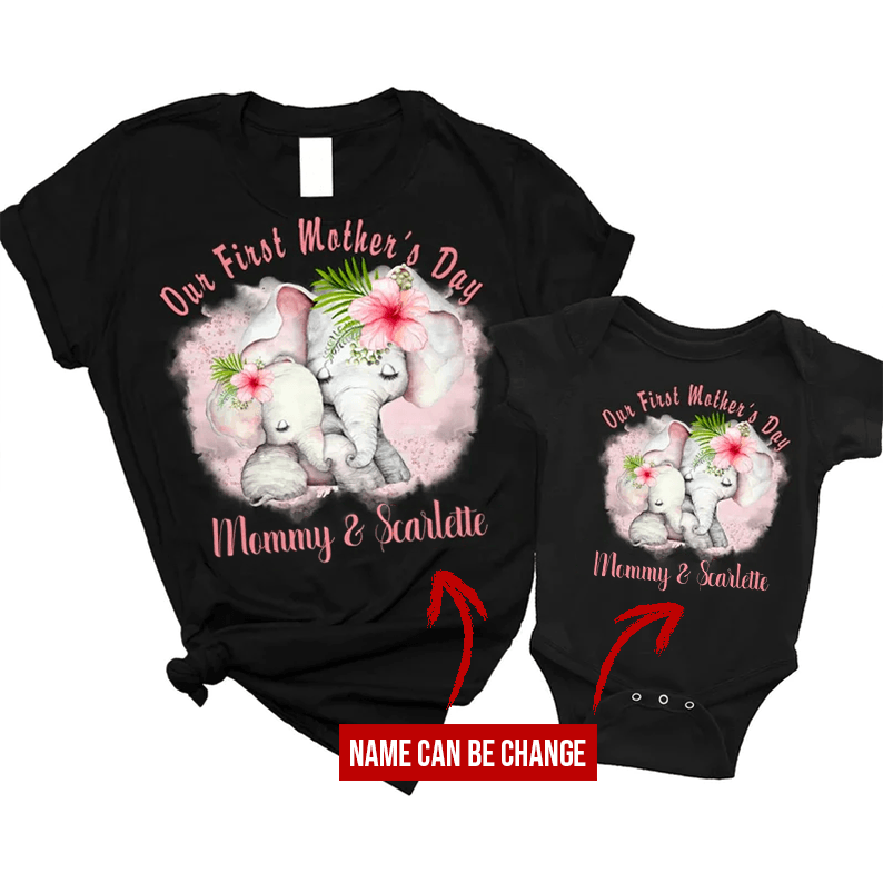Elephant Baby Onesies, Personalized Matching T-Shirt & Baby Onesie Our First Mother's Day Custom Name, Newborn Onesies - Perfect Gift For Baby, Baby Gift Onesie - Amzanimalsgift