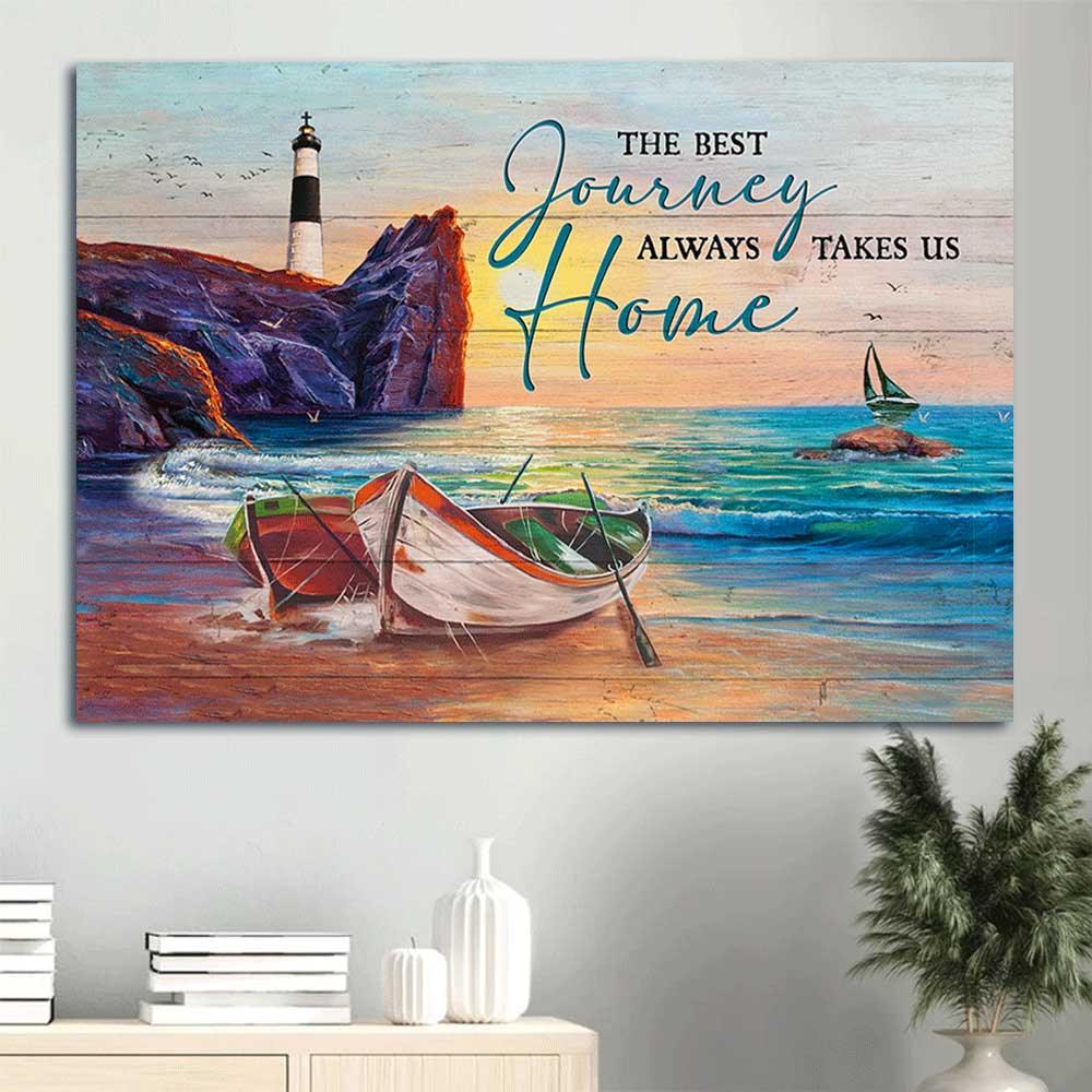 Family Landscape Canvas - Beautiful rock mountain, Pretty sunset, Boat Landscape Canvas - Gift For Family member - The best journey always take us home - Amzanimalsgift