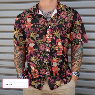 Firefighter Hawaiian Shirt Custom Name, Cute Floral Firefighter Personalized Aloha Shirt For Men - Gift For Firefighter, Husband, Family, Friends - Amzanimalsgift