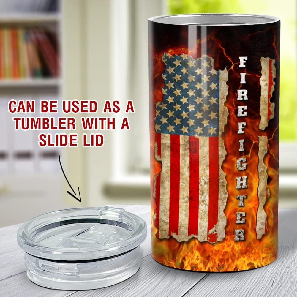 Firefighter US Independence Day Can Cooler Tumbler, Fireman Fire American Flag Cooler Tumbler, 4th Of July Gifts For Men Women, Veteran Day, Patriot - Amzanimalsgift