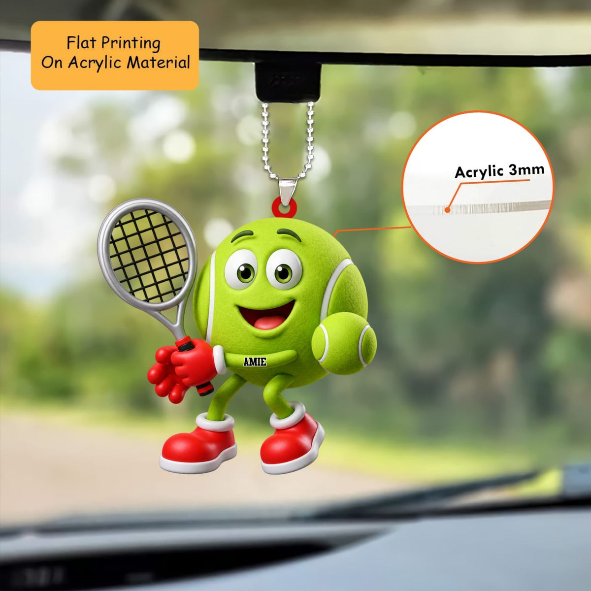 Personalized Tennis Christmas Ornament, Smiling Tennis Ball Mascot With Racket, Custom Ornament Christmas Gift, Keychain Tennis, Car Ornament Tennis