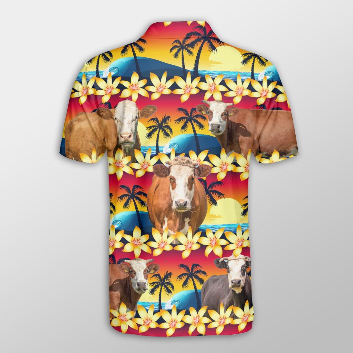 Fleckvieh Men Polo Shirts - Fleckvieh Beach Sunset Pattern Button Shirts For Men - Perfect Gift For Fleckvieh Lovers, Cattle Lovers - Amzanimalsgift