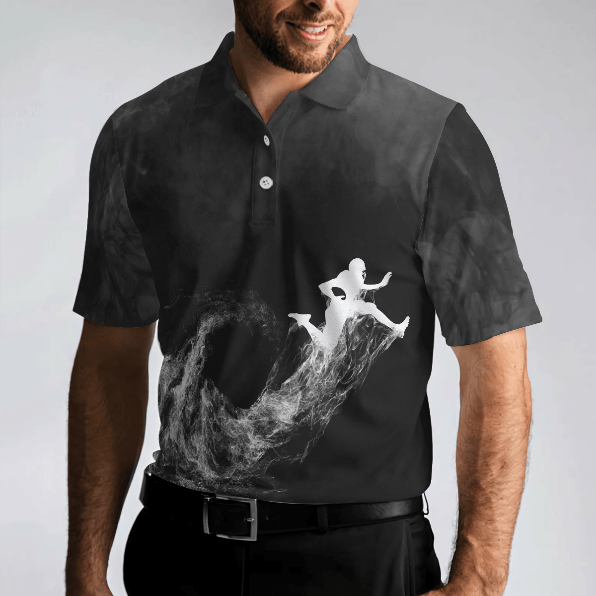 Football Men Polo Shirt, American Football On Smoke Black Theme Background, Best Football Polo Shirt - Gift For Men, American Football Lovers - Amzanimalsgift