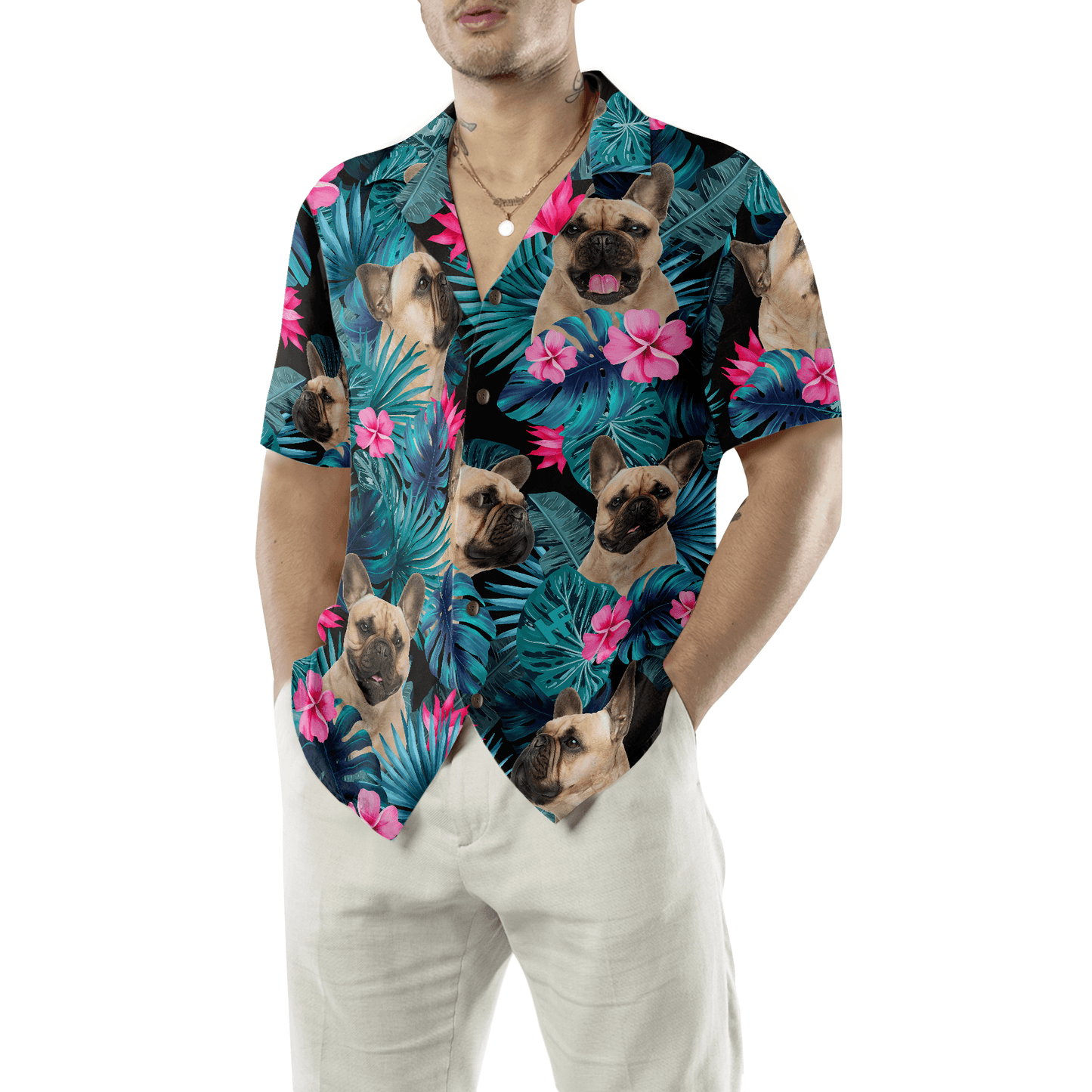 French Bulldog Hawaiian Shirt, Tropical Pattern Hawaiian Shirt, Colorful Summer Aloha Shirt For Men Women, Gift For Friend, Family, Dog Lovers - Amzanimalsgift