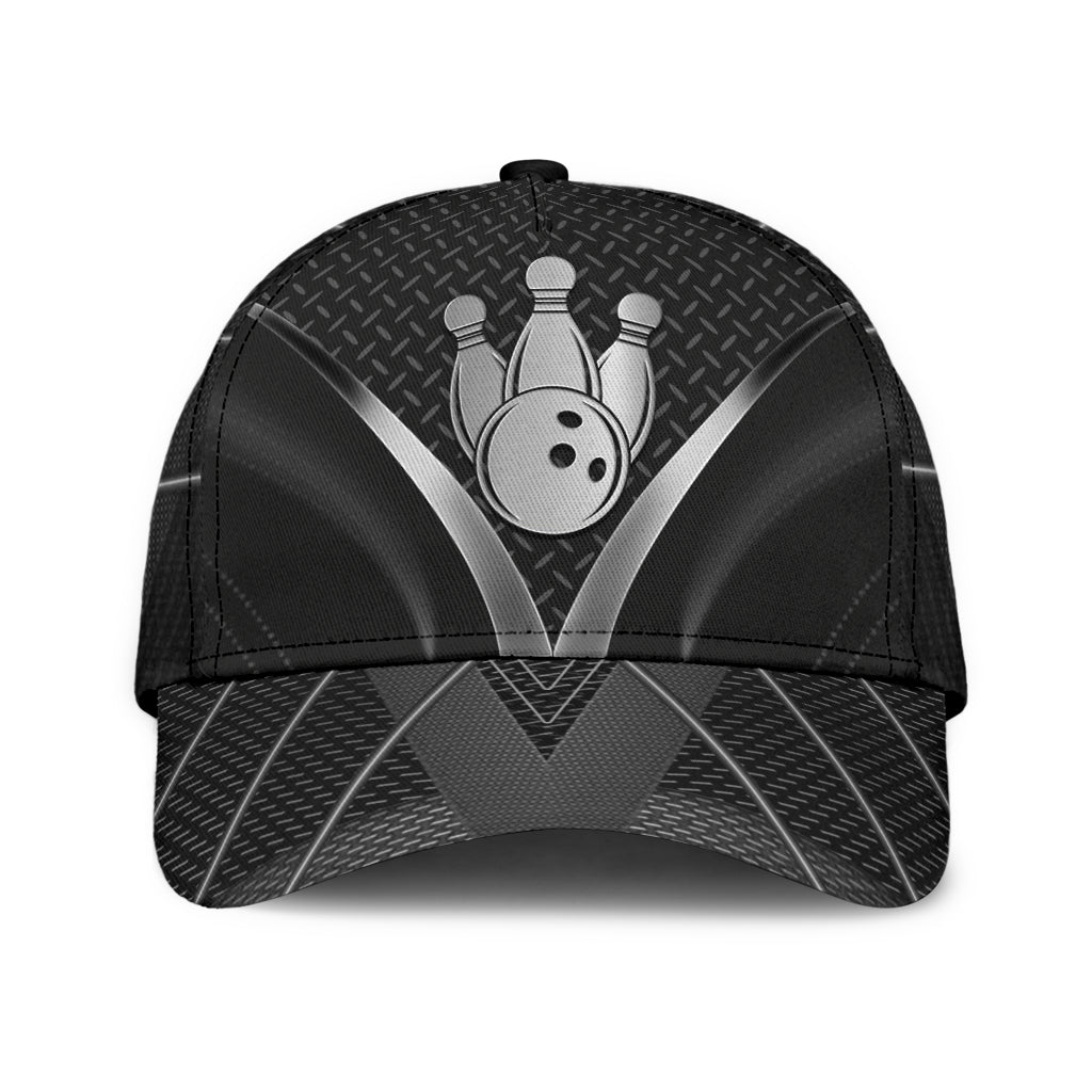 Bowling Black Silver Classic Cap, Bowling Esports Pattern Cap Hat For Tournament Team Men Women Bowlers HN13