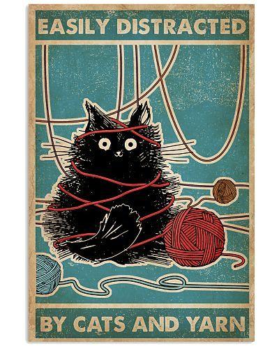 Funny Black Cat Portrait Canvas - Easily Distracted By Cats And Yarn Portrait Canvas - Gift For Family, Friends, Cat Lovers - Amzanimalsgift