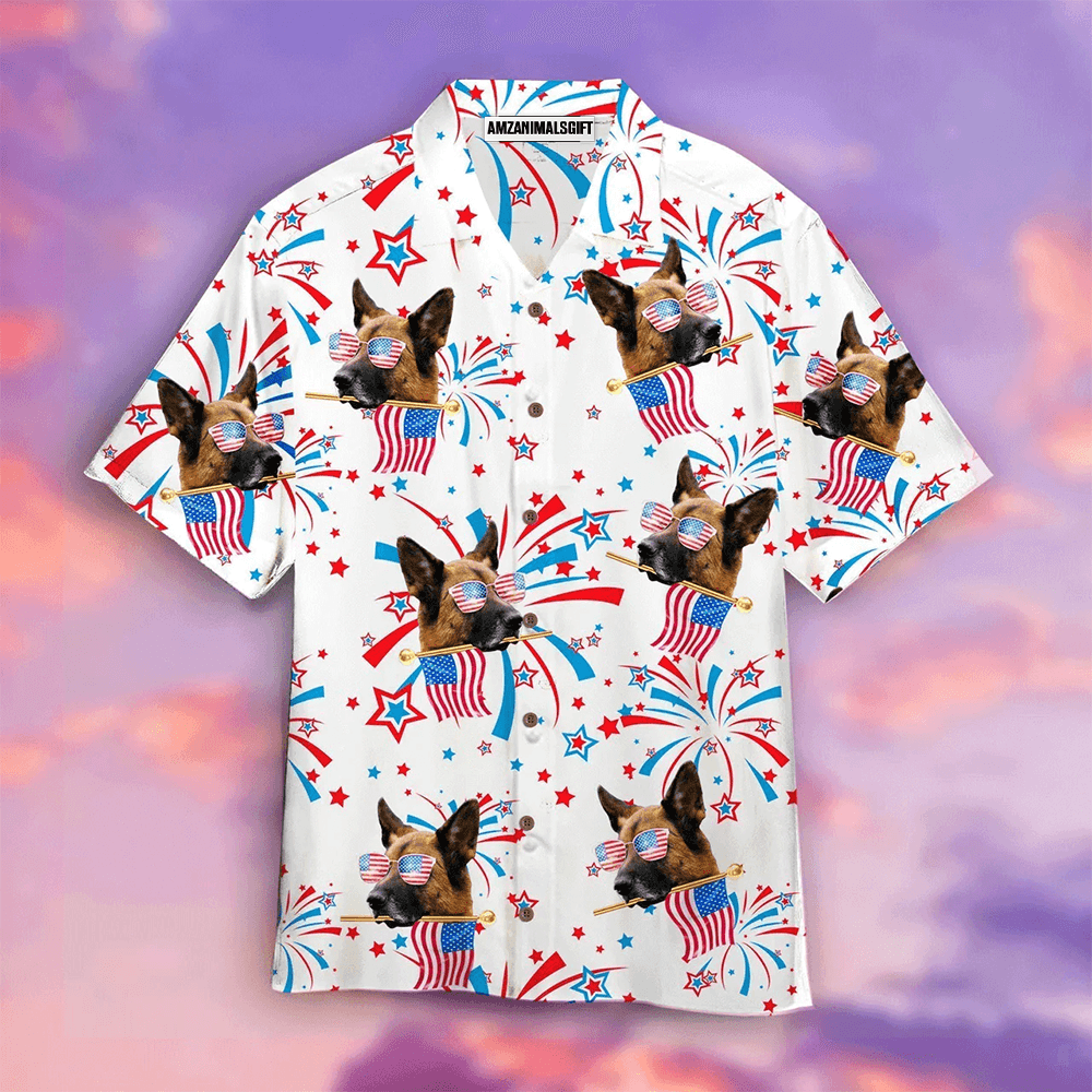 German Shepherd Dogs Happy America Flag White Aloha Hawaiian Shirts For Men Women, 4th Of July Gift For Summer, Friend, Dog Lovers, Independence Day - Amzanimalsgift