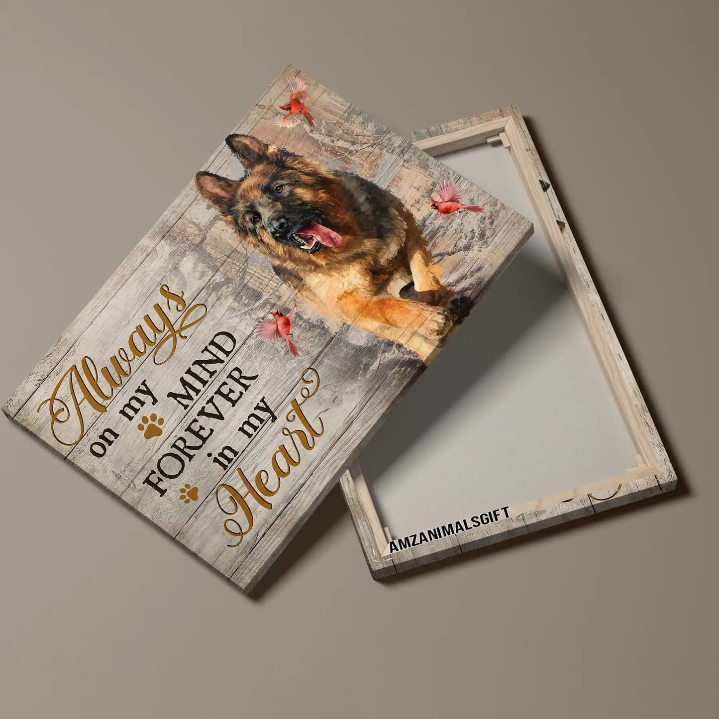 German Shepherd Memorial Landscape Canvas, Premium Wrapped Canvas Gift For German Shepherd Lovers - Always On My Mind, Cardinal and Winter Forest - Amzanimalsgift