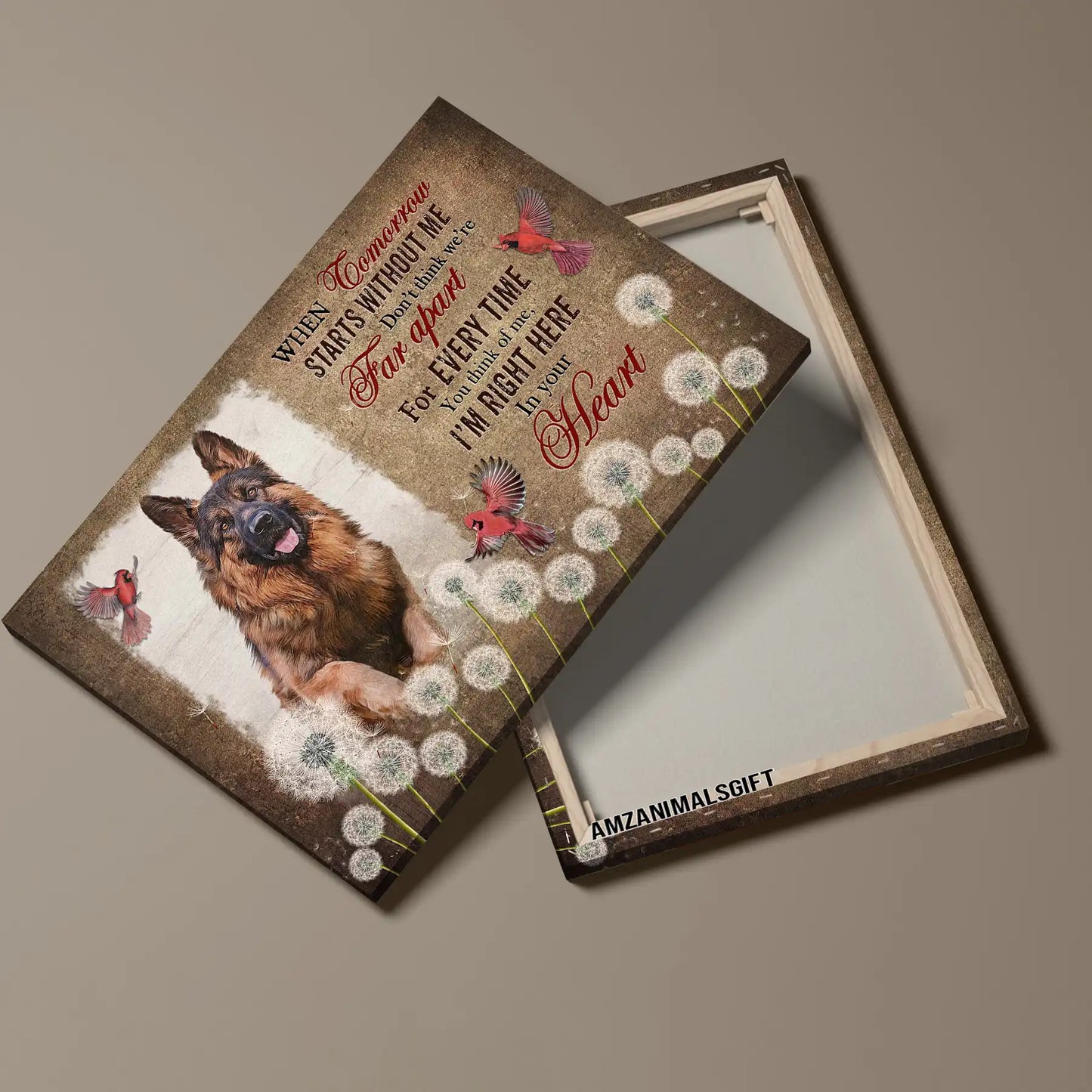 German Shepherd Memorial Landscape Canvas - Premium Wrapped Canvas Gift For German Shepherd Lovers, Dandelion Field And Red Cardinal - Amzanimalsgift