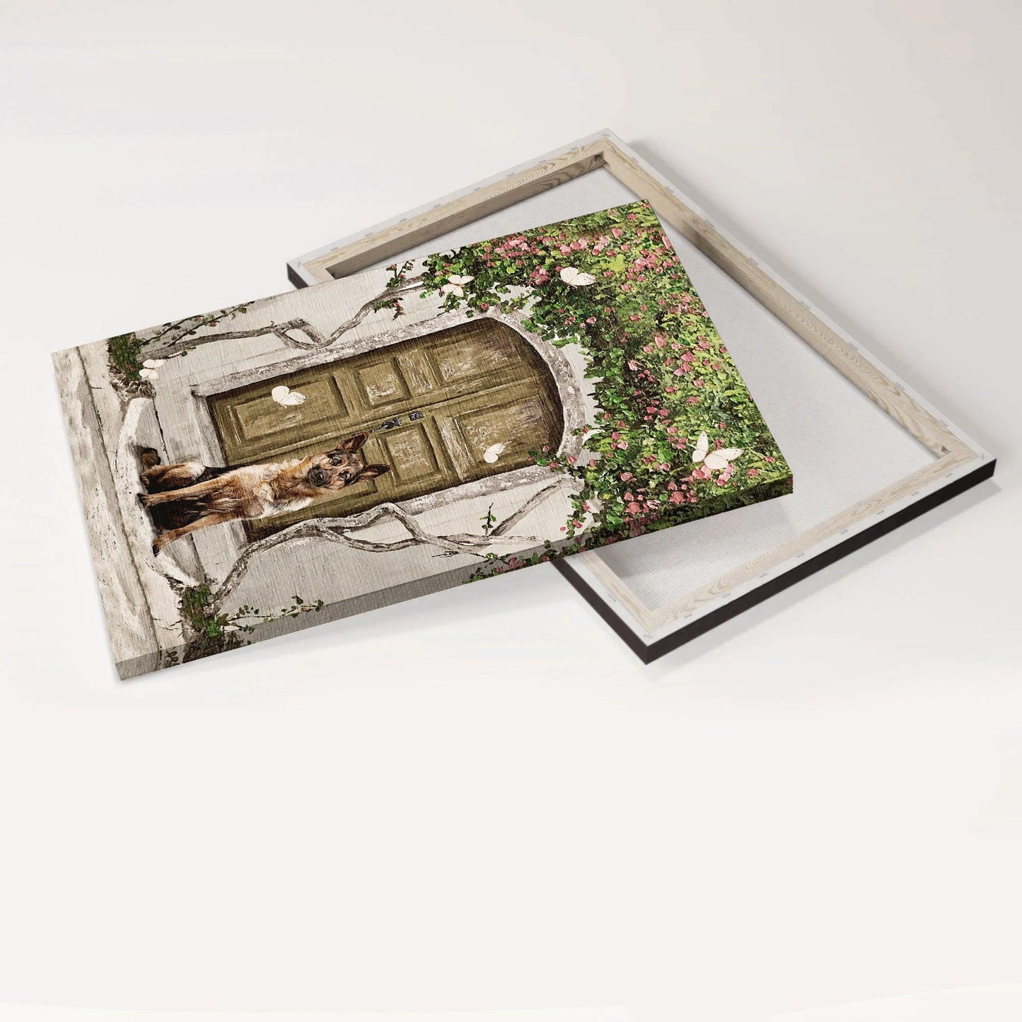 German Shepherd Portrait Canvas - German Shepherd Painting, Flower Garden, Spring Drawing, White Butterfly - Gift For German Shepherd Lovers - Amzanimalsgift