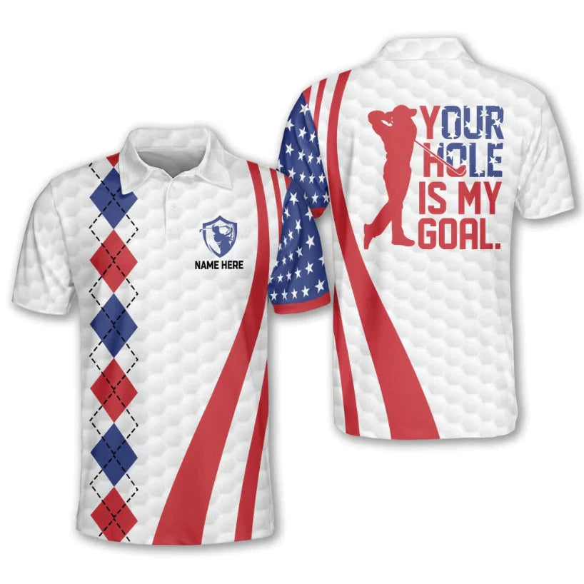 Golf Custom Men Polo Shirt, Personalized Patriotic American Flag Independence Day Polo Shirts For Men, 4th July Gift For Golfer, Your Hole Is My Goal - Amzanimalsgift