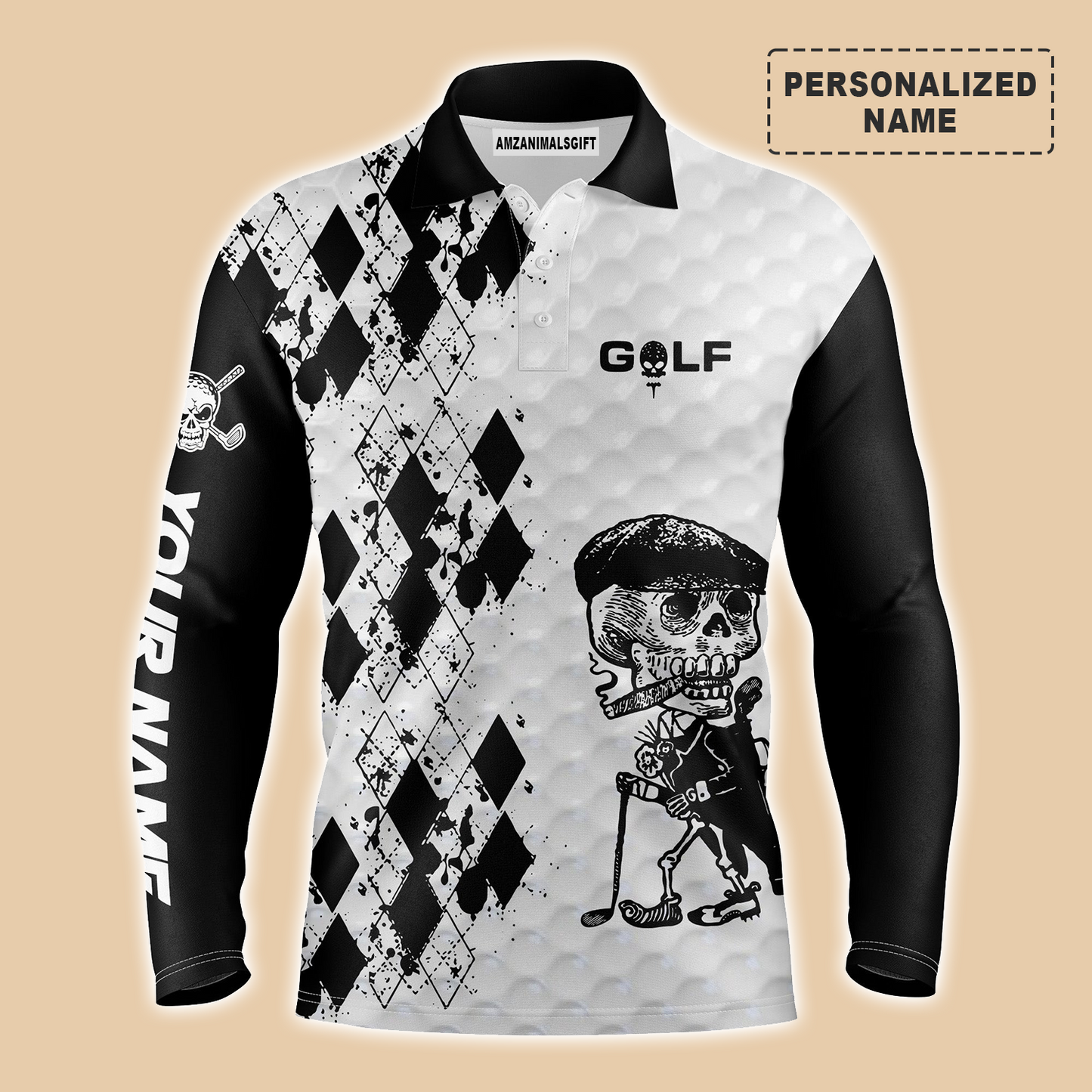 Golf Custom Name Men Polo Shirt - Black & White Argyle Pattern Skull Smoking Apparel - Personalized Best Gift For Golf Lover, Team, Golfer