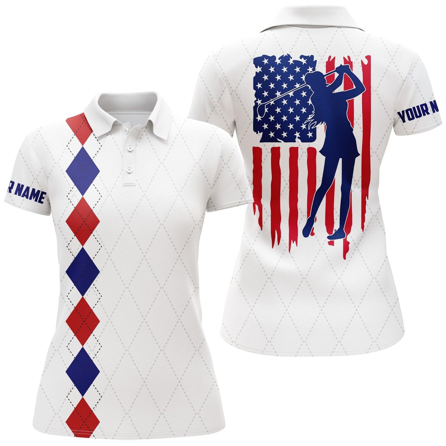 Golf Custom Name Women Polo Shirt, American Flag Patriotic Personalized Women Polo Shirts, Best Golfing Gift For Ladies, Golfers, Golf Lovers - Amzanimalsgift