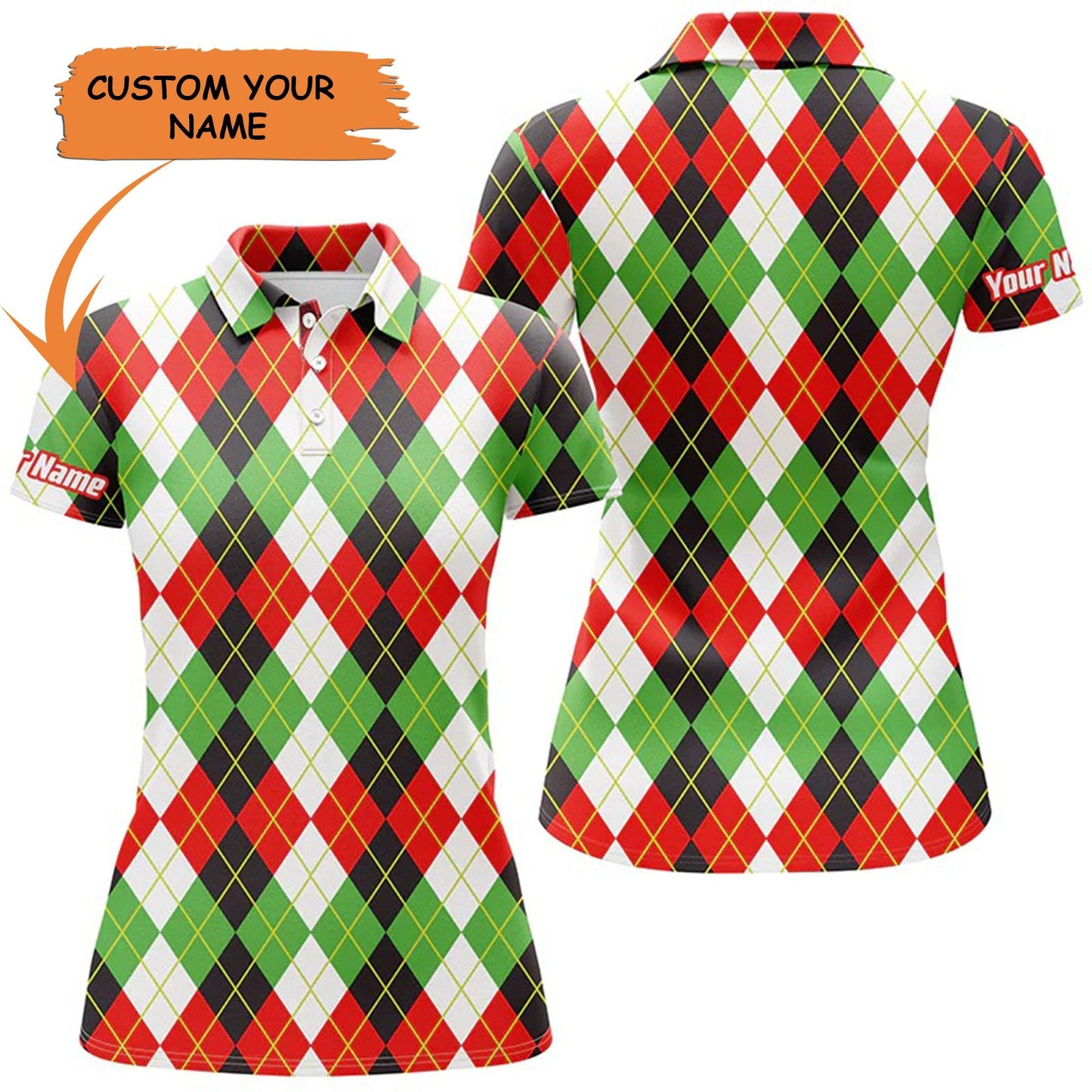 Golf Custom Name Women Polo Shirt, Christmas Argyle Pattern Personalized Women Polo Shirt - Perfect Gift For Ladies, Golf Lovers, Golfers - Amzanimalsgift