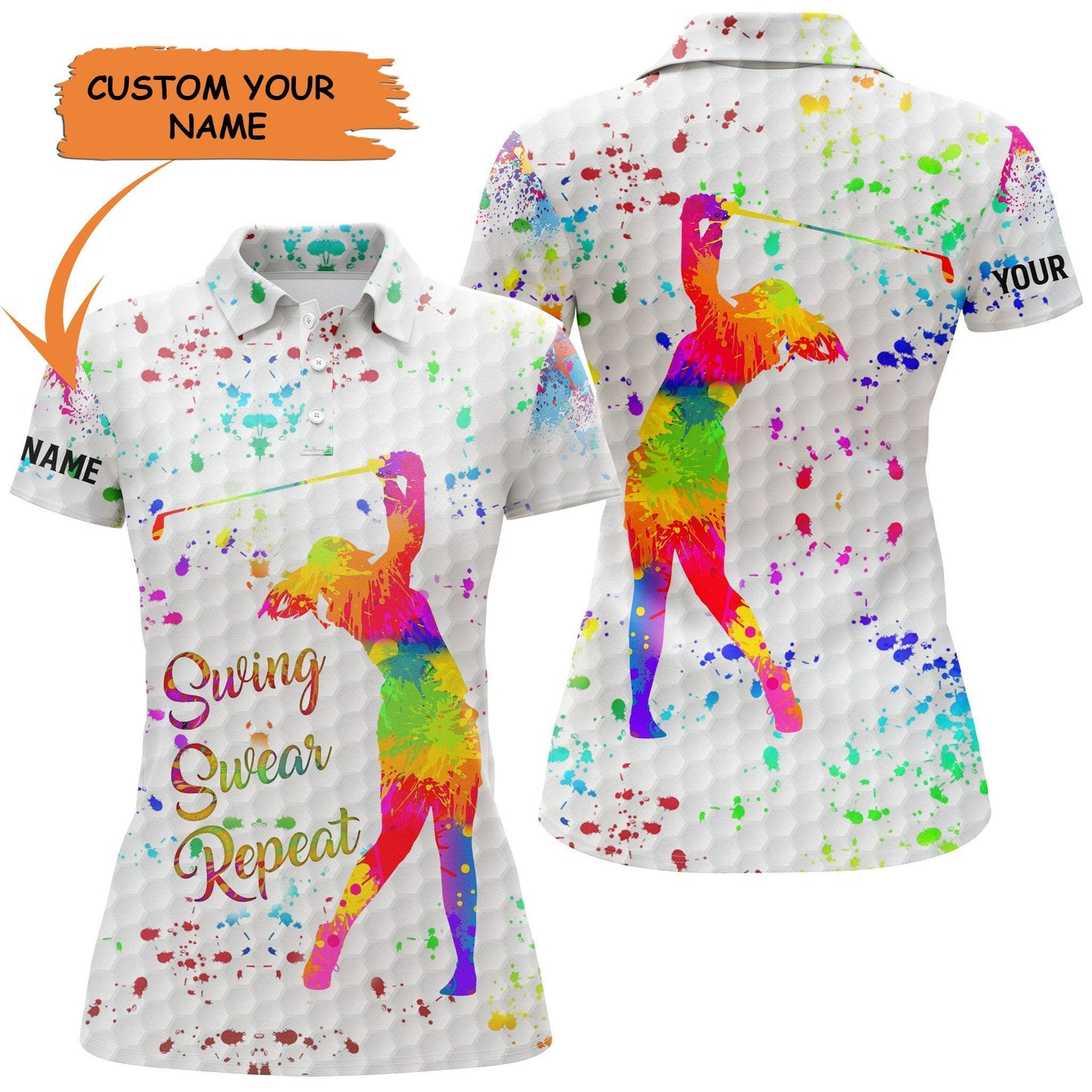 Golf Custom Name Women Polo Shirt, Golf Shirt Watercolor Swing Swear Repeat Personalized Women Polo Shirt - Gift For Ladies, Golf Lovers, Golfers - Amzanimalsgift