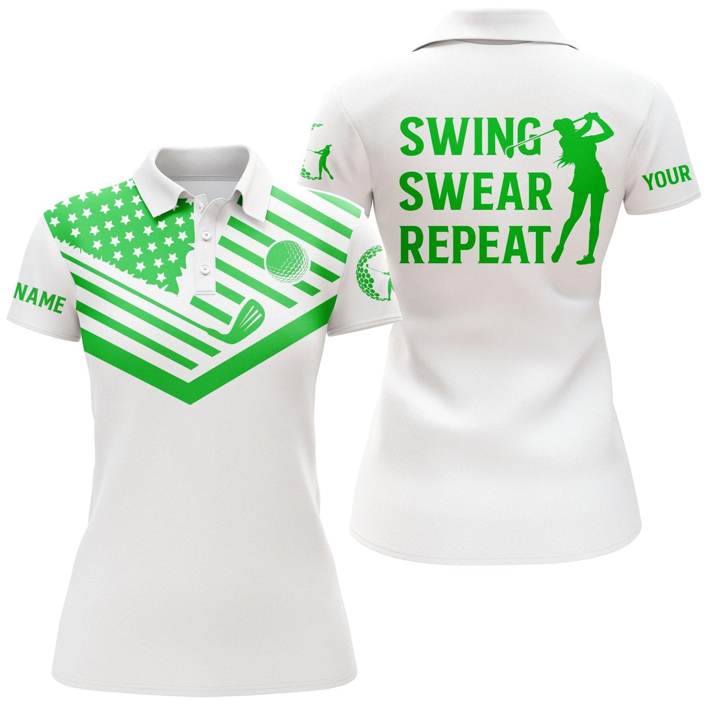 Golf Custom Name Women Polo Shirt, Green American Flag Swear Repeat White Personalized Women Polo Shirts, Golfers Gift For Ladies, Golf Lovers - Amzanimalsgift