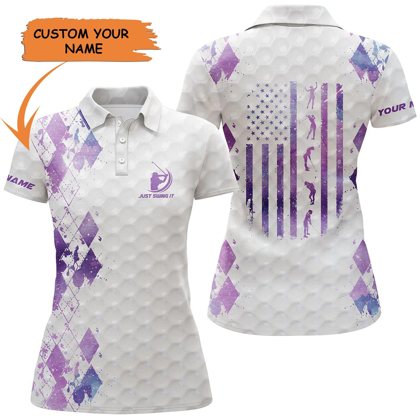 Golf Custom Name Women Polo Shirt, Just Swing It American Flag Argyle Pattern Personalized Women Polo Shirt - Gift For Ladies, Golf Lovers, Golfers - Amzanimalsgift