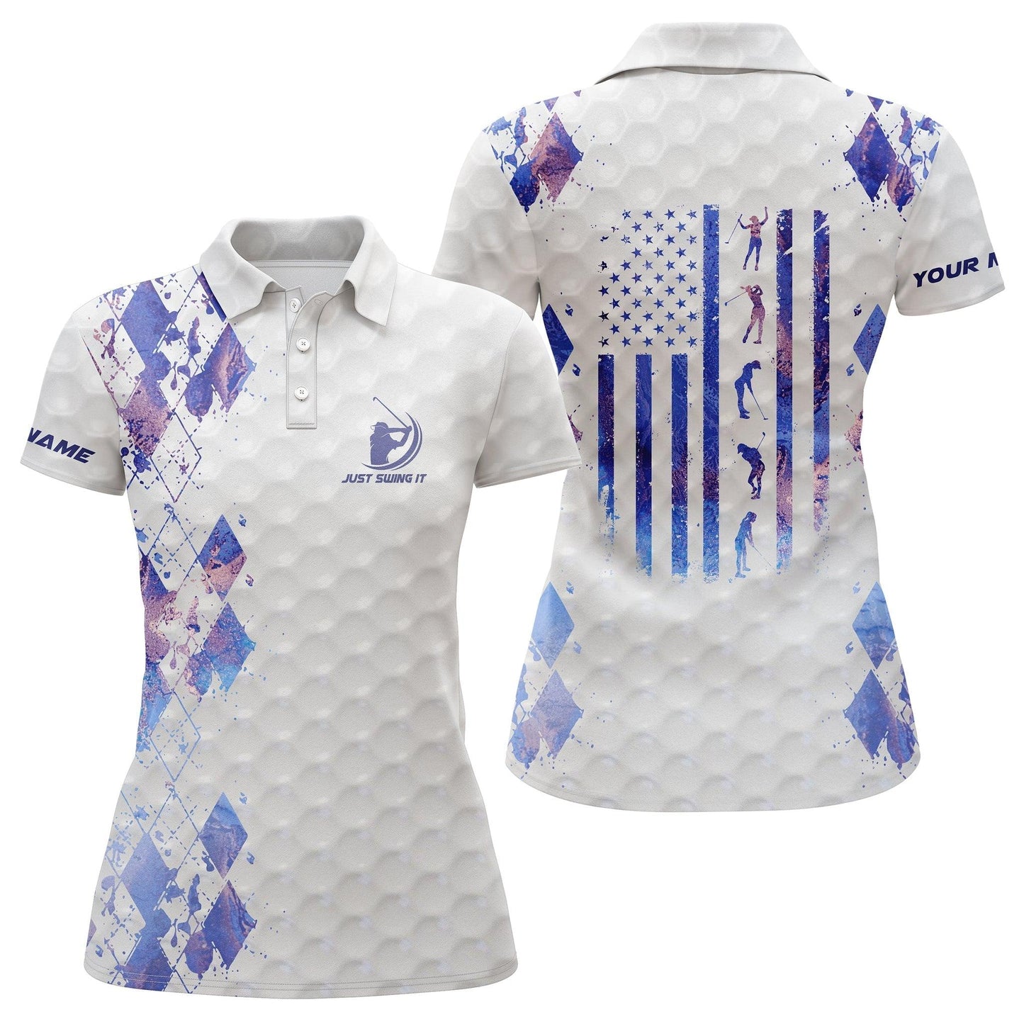 Golf Custom Name Women Polo Shirt, Just Swing It American Flag Patriotic Galaxy Personalized Women Polo Shirts, Gift For Ladies, Golfers, Golf Lovers - Amzanimalsgift