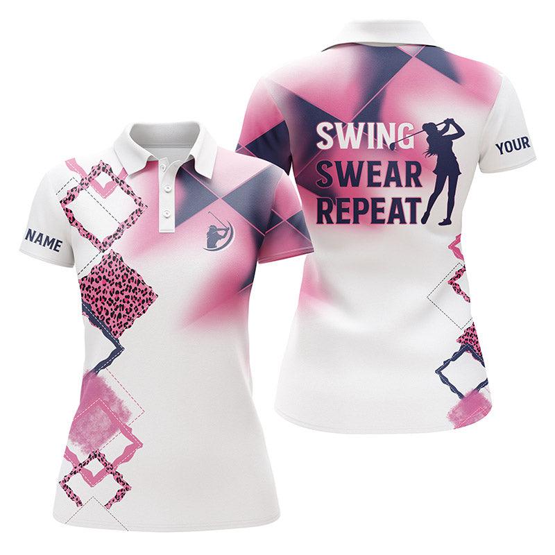 Golf Custom Name Women Polo Shirt, Swing Swear Repeat, Pink Leopard White Personalized Women Polo Shirts, Gift For Ladies, Golfers, Golf Lovers - Amzanimalsgift