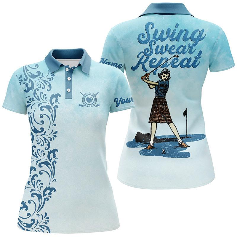 Golf Custom Name Women Polo Shirt, Swing Swear Repeat Vintage Blue Personalized Women Polo Shirts, Golf Gift For Ladies, Golfers, Golf Lovers - Amzanimalsgift