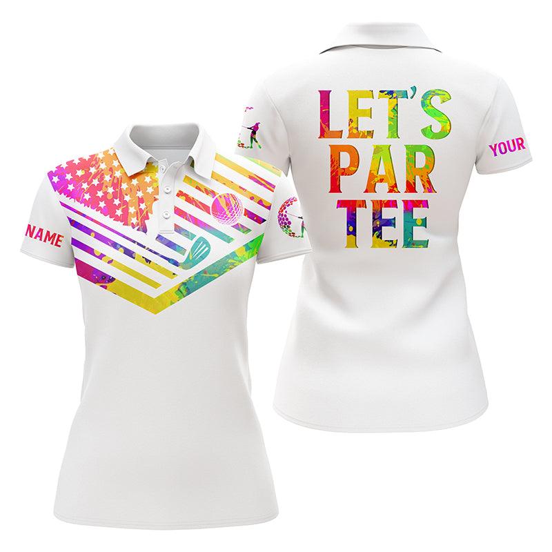 Golf Custom Name Women Polo Shirt, Watercolor American Flag Patriot, Let’s Par Tee White Personalized Women Polo Shirts, Gift For Golf Lovers, Golfers - Amzanimalsgift