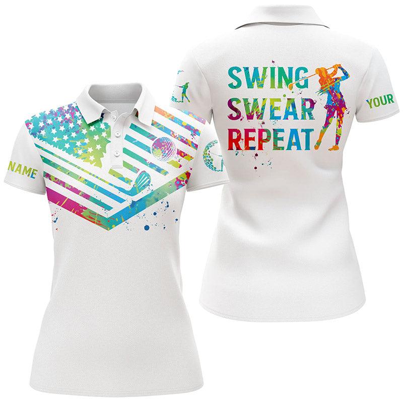 Golf Custom Name Women Polo Shirt, Watercolor American Flag, Swing Swear Repeat Personalized Women Polo Shirts, Gift For Ladies, Golf Lovers, Golfers - Amzanimalsgift