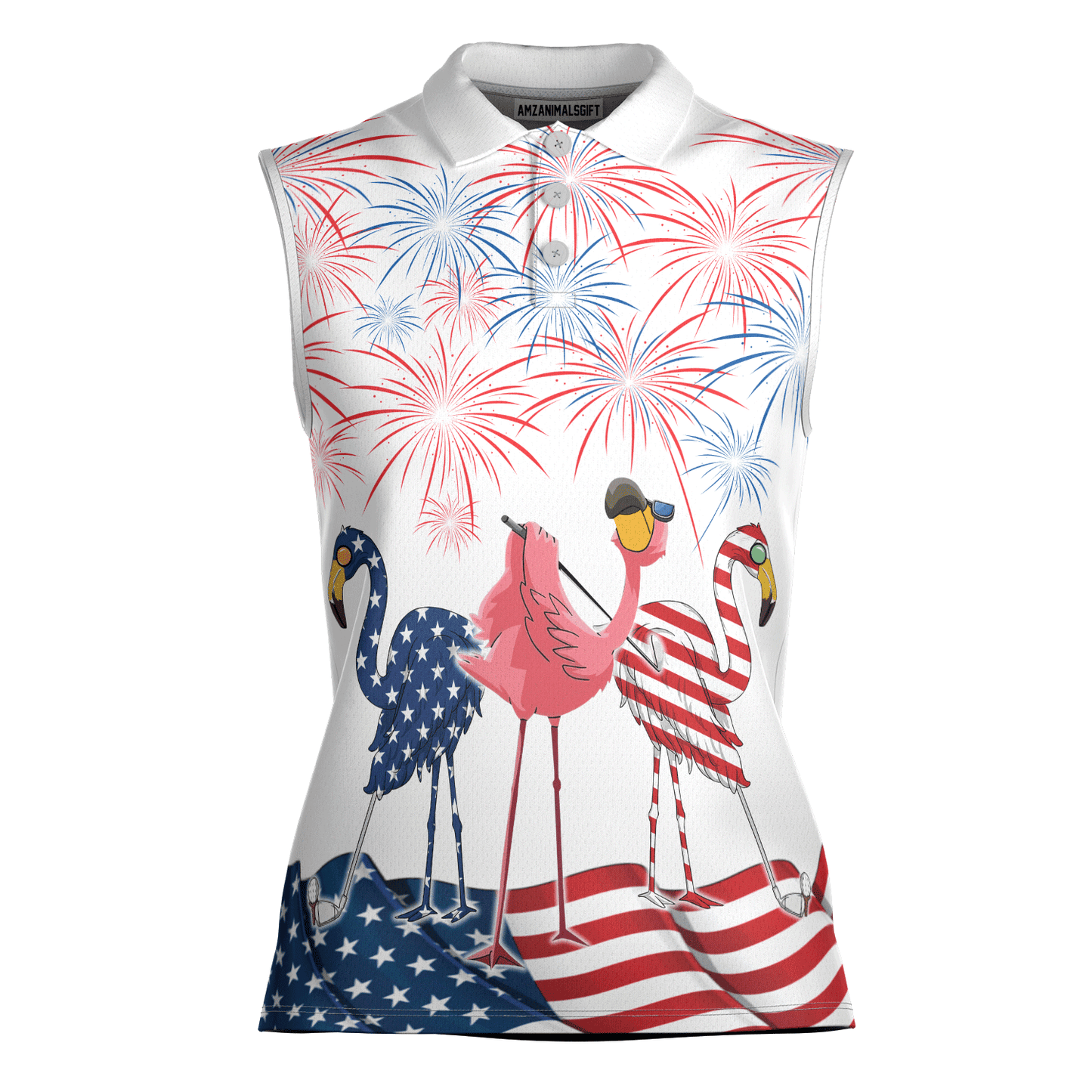 Golf Flamingo American Flag 4th Of July Women Polo Shirt, 4th Of July Patriotic Funny Flamingo Women Polo Shirt - Gift For Mother's Day, Golfers, Female - Amzanimalsgift