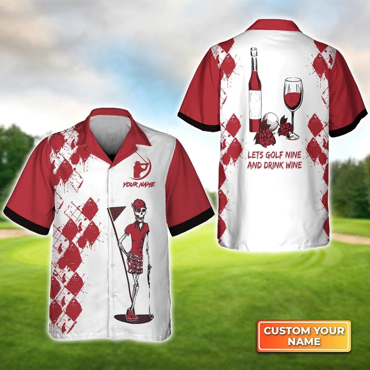 Golf Hawaiian Shirt Custom Name, Argyle Pattern Golf Nine And Drink Wine Personalized Aloha Shirt For Men Women - Perfect Gift For Husband, Friend - Amzanimalsgift