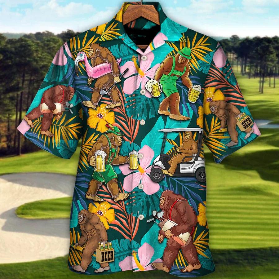 Golf Hawaiian Shirts - Golf Funny Bigfoot Playing Golf, Golf and Beer Tropical Floral Hawaiian Shirt - Perfect Gift For Men, Golfers, Golf Lovers - Amzanimalsgift