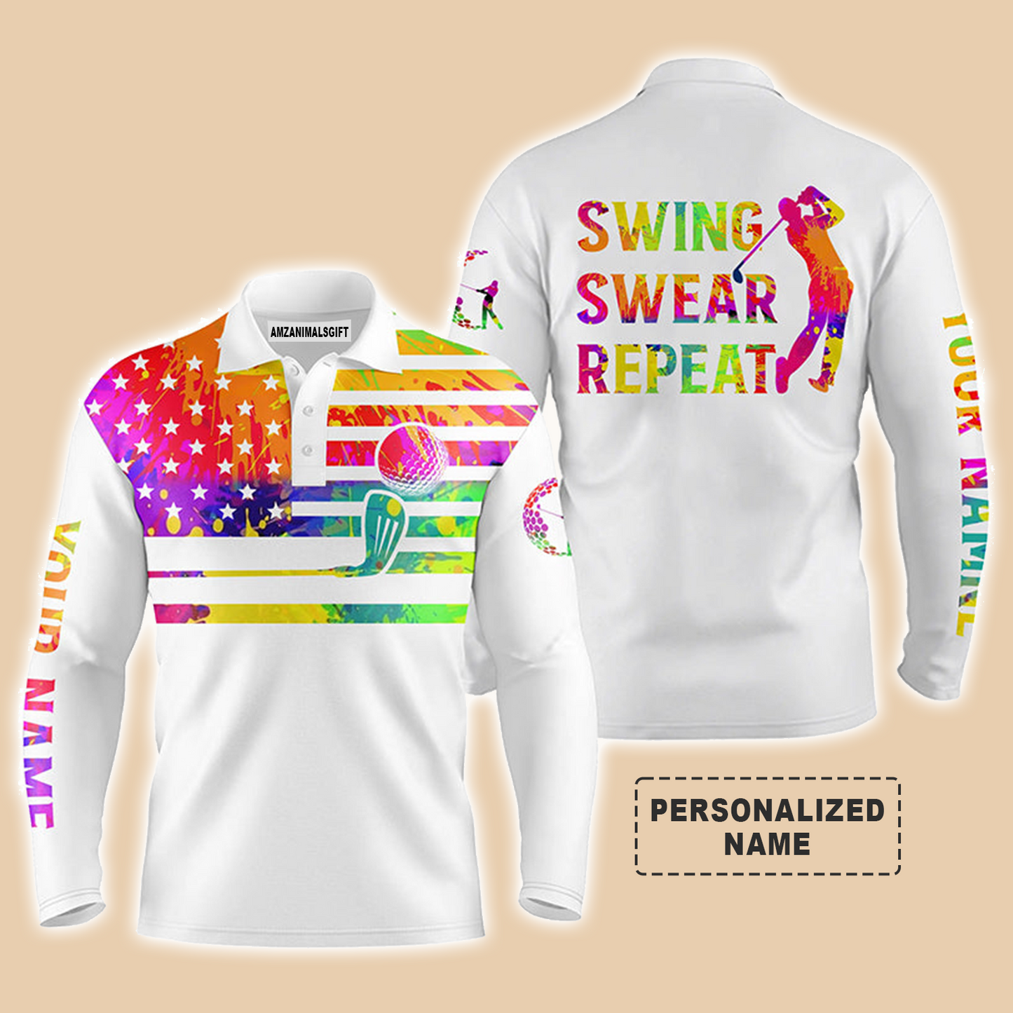 Golf Men Polo Shirt - Funny Watercolor American Flag Custom Name White Apparel - Swing Swear Repeat Men Golf Polo Shirt - Personalized Gift For Golf Lover
