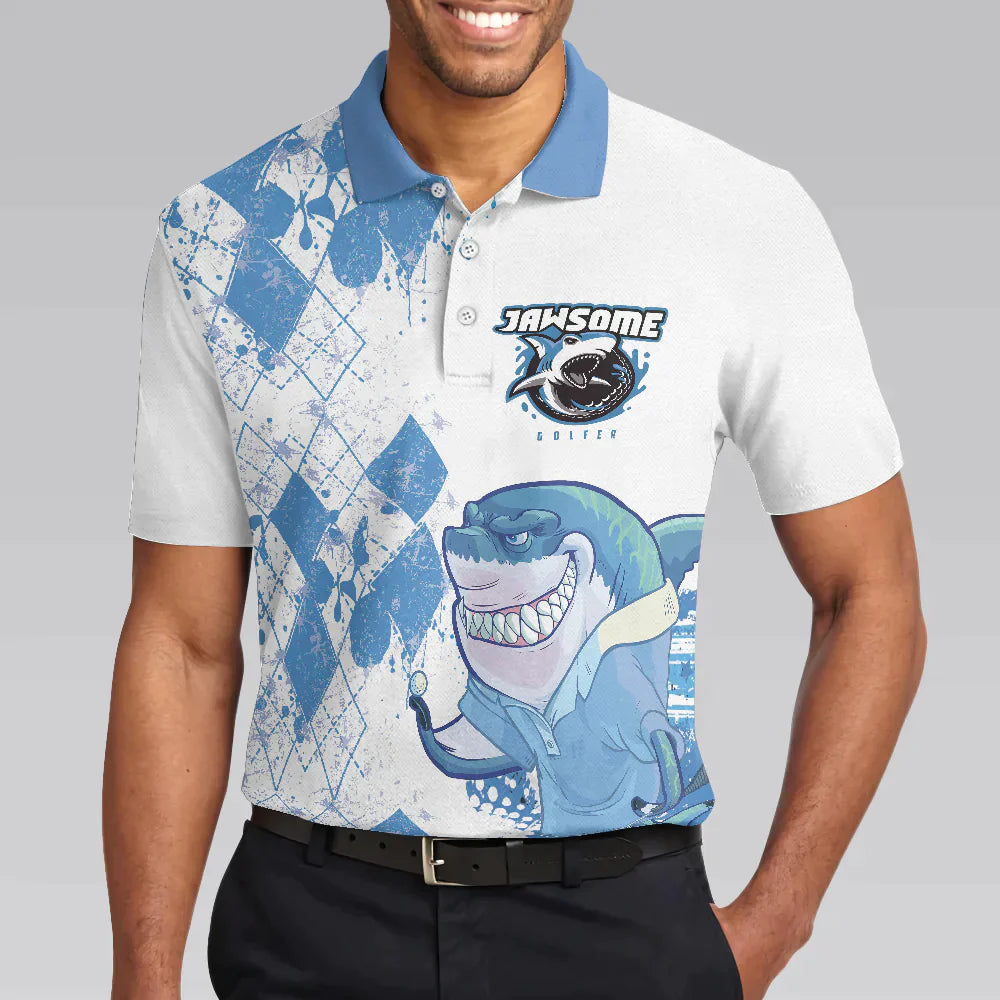 Golf Men Polo Shirt, Argyle Pattern American Flag Shark Polo Shirt, Jawsome Golfer Shark Shirts For Men - Gift For Golf Lovers, Golfers - Amzanimalsgift