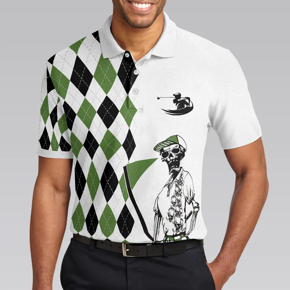 Golf Men Polo Shirt, Black And Green Argyle Pattern Skeleton, I Was One Under Today Polo Shirt, Gift Idea For Male Players, Golfers, Golf Lovers - Amzanimalsgift