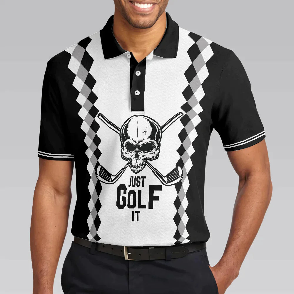 Golf Men Polo Shirt, Black And White Argyle Pattern Polo Shirt, Just Golf It Skull Golf Shirt For Men - Gift For Golfers, Golf Lovers - Amzanimalsgift