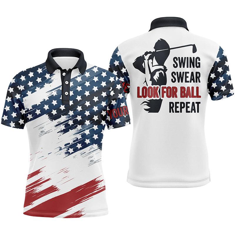 Golf Men Polo Shirt - Custom Name American Flag Apparel - Personalized Gift For Golf Lover, Team, Golfer, Patriotic - Swing Swear Look For Ball Repeat - Amzanimalsgift