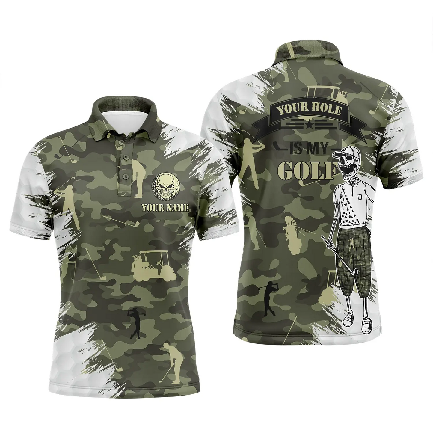 Golf Men Polo Shirt - Funny Skull Green Camo Custom Name Apparel, Your Hole Is My Goal Men Golf Polo Shirt - Personalized Gift For Golf Lover - Amzanimalsgift