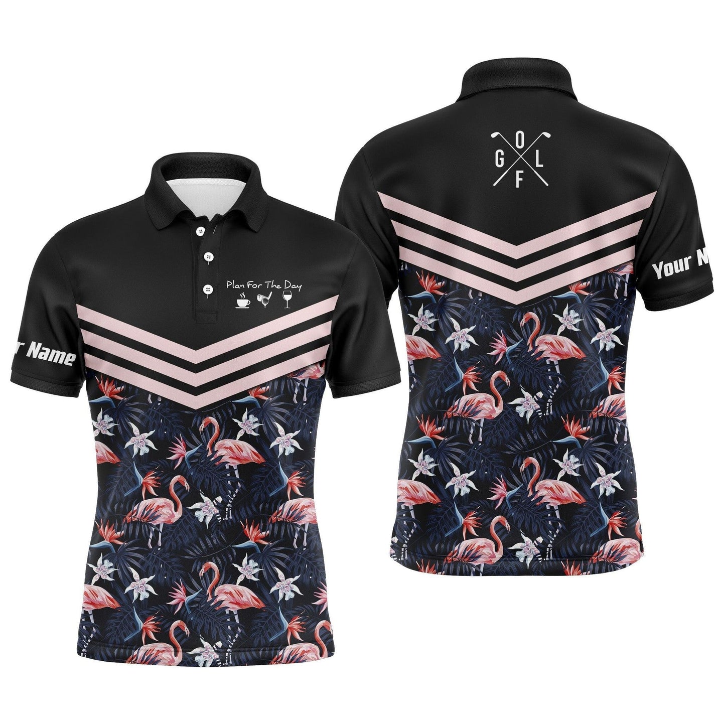Golf Men Polo Shirt - Tropical Leaf Flamingo Pattern Custom Name Apparel - Plan For The Day Coffee Golf Wine - Personalized Gift For Golf Lover, Team - Amzanimalsgift