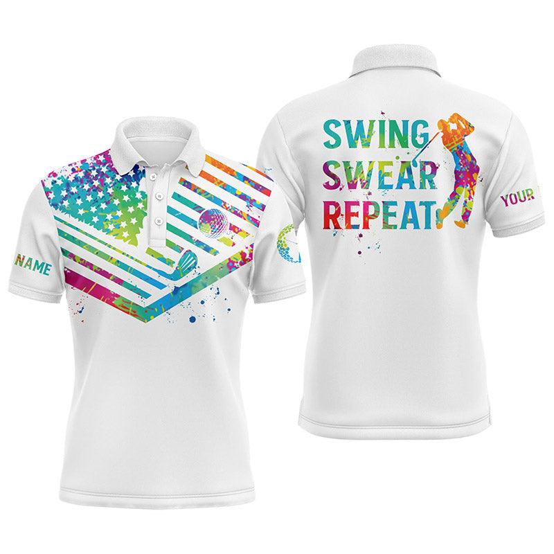 Golf Men Polo Shirt - Watercolor American Flag Custom Name White Apparel - Swing Swear Repeat Men Golf Polo Shirt - Personalized Gift For Golf Lover - Amzanimalsgift