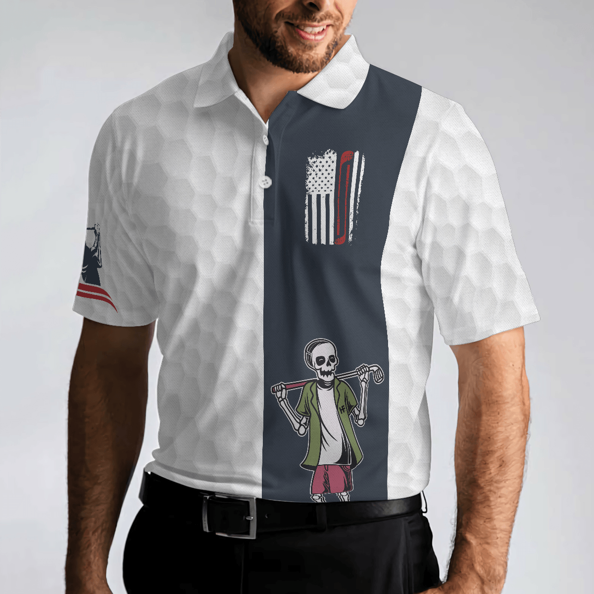 Golf Men Polo Shirt - Youngster Skeleton Golf Lover American Flag Polo Shirt, White American Flag Men Polo Shirt - Perfect Gift For Men, Golfers - Amzanimalsgift