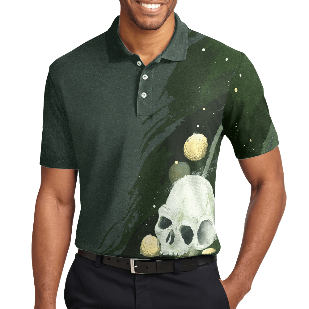 Golf Men Polo Shirts - Water Color Golf Skull With Golf Ball Dark Green Background Men Polo Shirts - Perfect Gift For Men, Golfers, Golf Lover - Amzanimalsgift