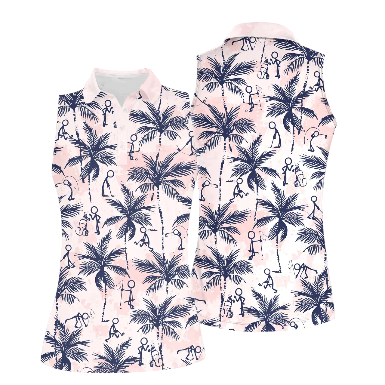 Golf Women Polo Shirt, Funny Golf Stick Figures Flower Pink Palm Tree Pattern Women Polo Shirt - Gift For Mother's Day, Golfers, Female, Golf Lover - Amzanimalsgift
