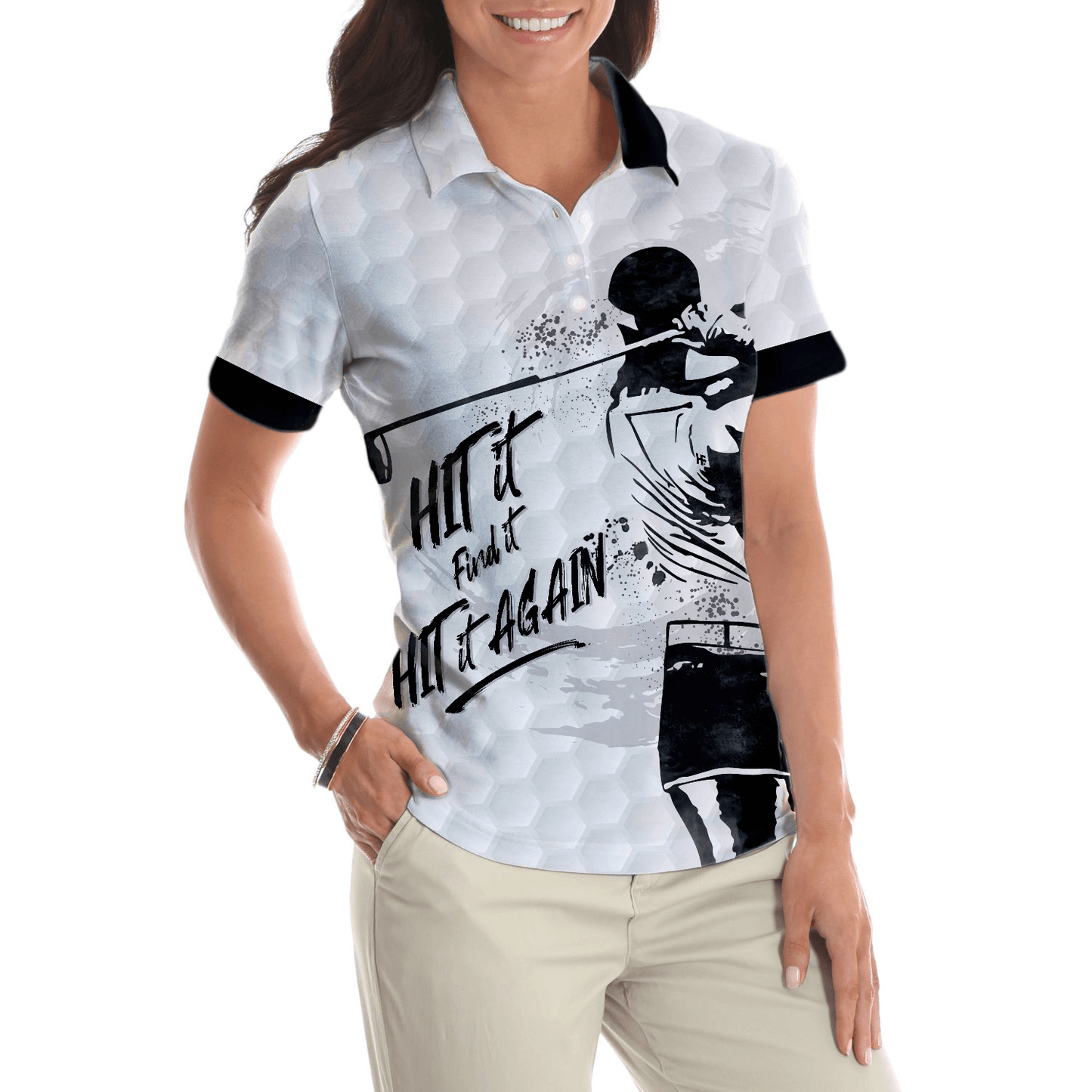 Golf Women Polo Shirt, Hit It Find It Hit It Again, Black And White Golf Women Polo Shirts, Best Cool Female Gift For Golfers, Golf Lovers, Ladies - Amzanimalsgift