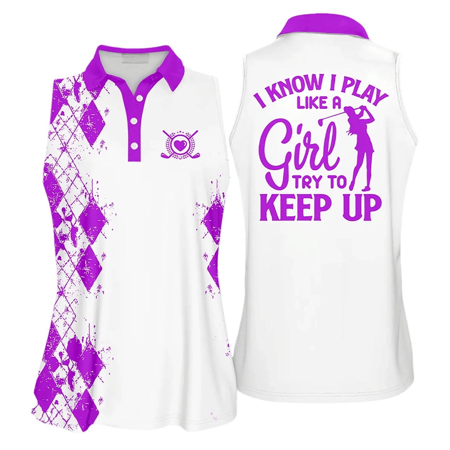Golf Women Polo Shirt, I Know I Play Like A Girl Try to Keep Up Argyle Multicolor Polo Shirt - Gift For Golfers, Females, Golf Lovers, Mother's Day - Amzanimalsgift