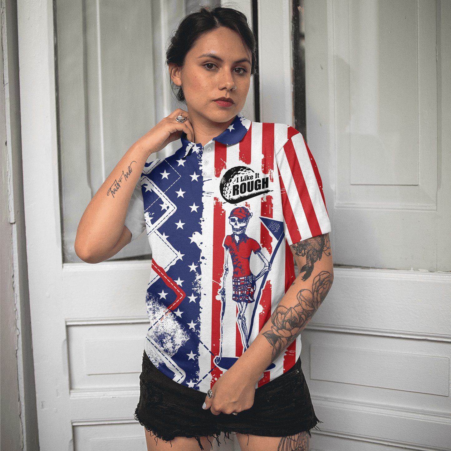 Golf Women Polo Shirt, I Like It Rough, Cool American Flag Argyle Pattern Women Polo Shirts, Best Golfing Gift For Ladies, Female Golfers, Golf Lovers - Amzanimalsgift
