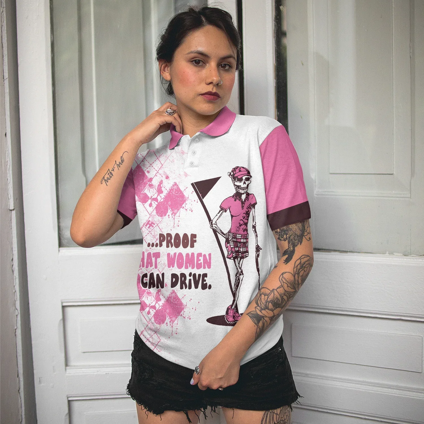 Golf Women Polo Shirt, Mrs. Bones Pink Argyle Pattern Women Polo Shirt, Best Golfing Gift For Ladies, Golfers, Golf Lovers, Proof That Women Can Drive - Amzanimalsgift