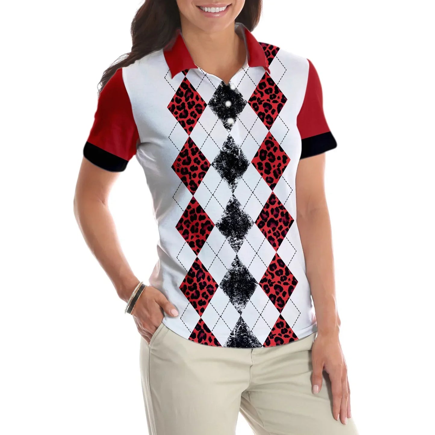 Golf Women Polo Shirt, White Red Leopard Argyle Pattern Wine Halloween Women Polo Shirts, Gift For Golfers, Just A Woman Who Loves Golf And Hallowine - Amzanimalsgift