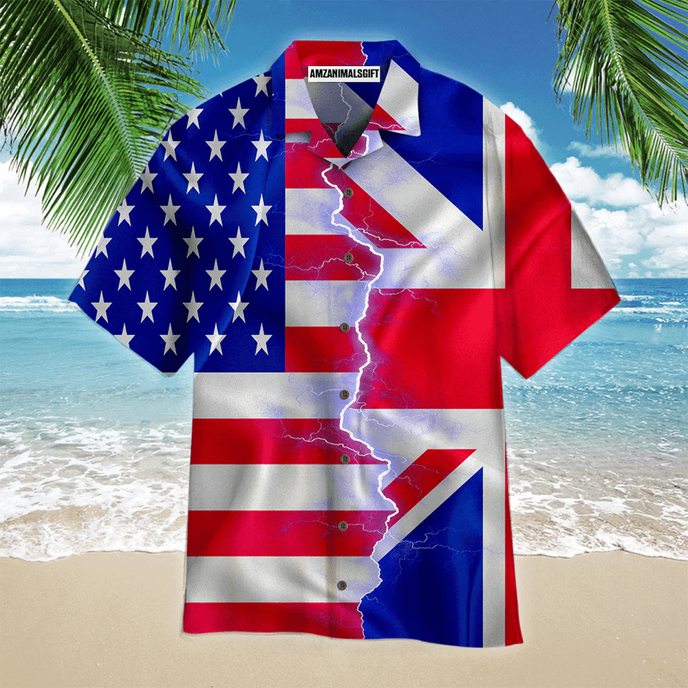 Great Britain Flag American Flag On Thunder Zipper Aloha Hawaiian Shirts For Men Women, 4th Of July Gift For Summer, Friend, Family, Independence Day - Amzanimalsgift
