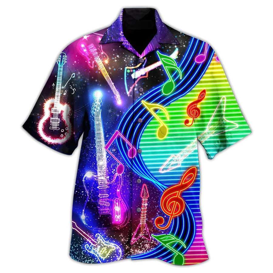 Guitar Light Neon Aloha Hawaiian Shirt For Summer, Colorful Guitar Hawaiian Shirts Matching Outfit For Men Women, Music Guitar Lovers - Amzanimalsgift